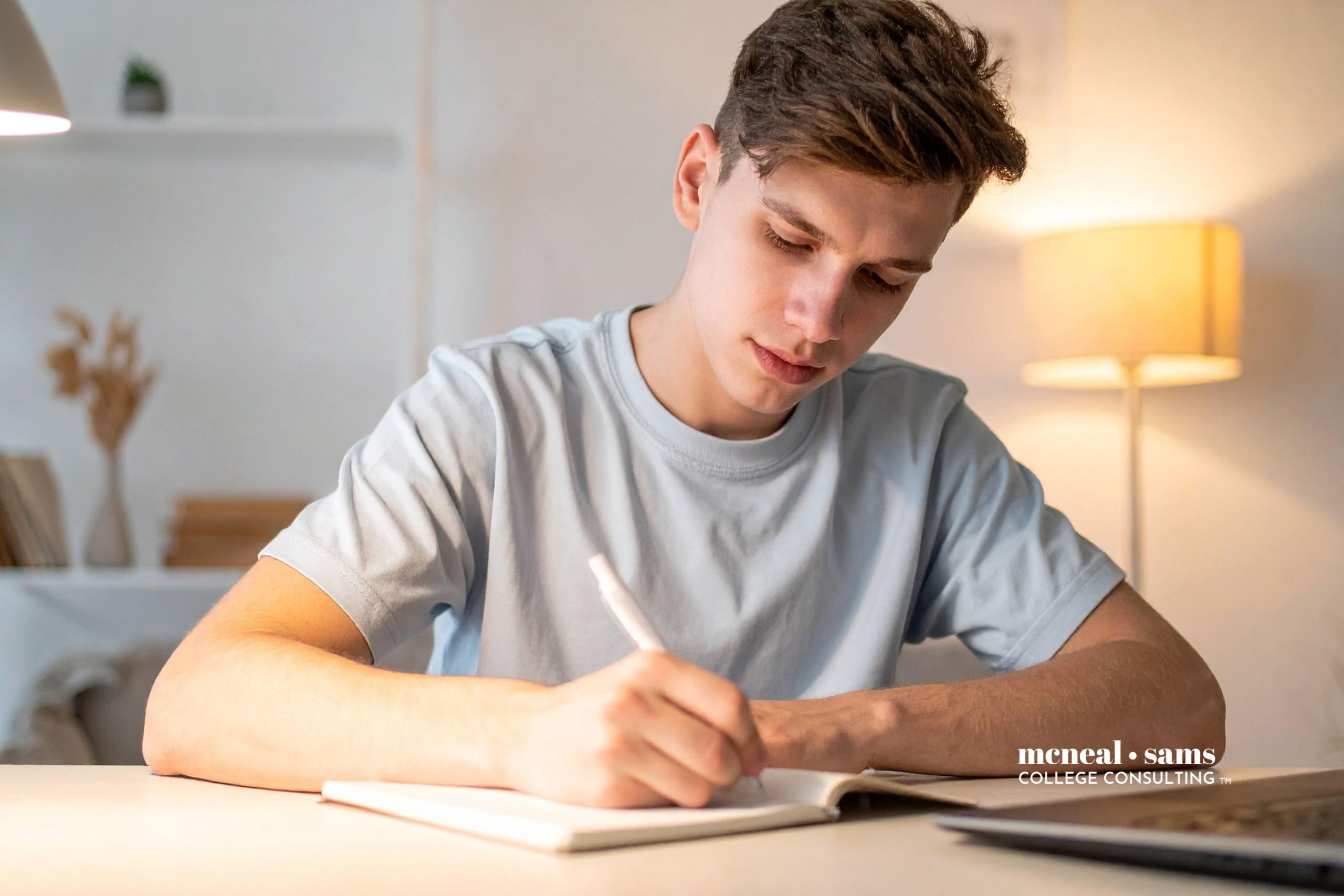 A teenage boy sits at his desk, writing in a notebook.