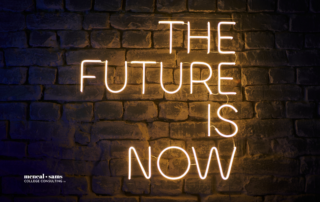 the future is now neon light sign on dark brick background